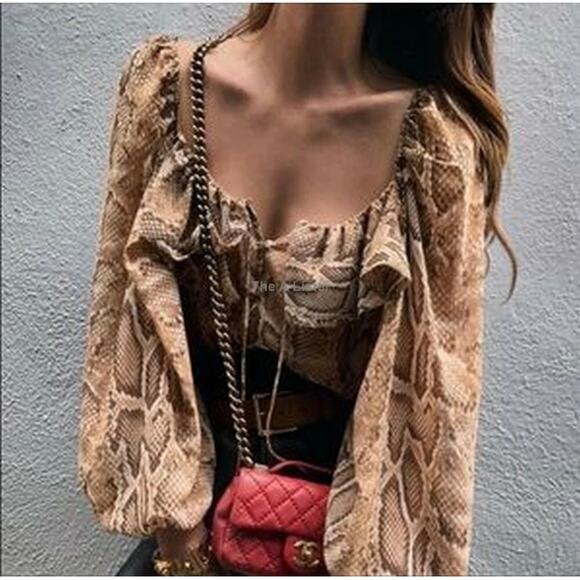 Zara Brown Tan Snakeskin Semi-Sheer Scoop Neck Long Sleeve Crop Top - Picture 1 of 6